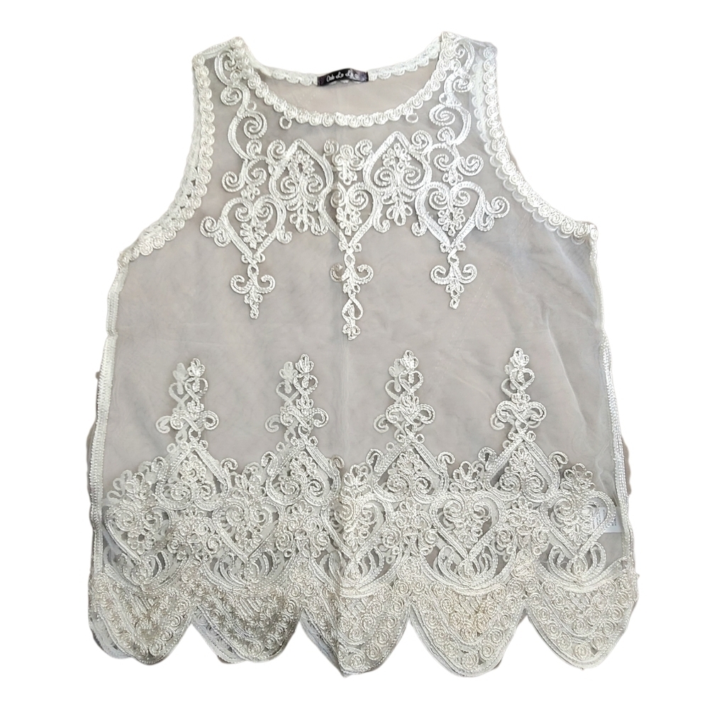 Ooh La La Sheer Lace Embroided White Tank Top - S - Picture 4 of 8